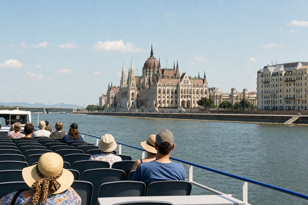 Illuminated Hungarian Parliament Building seen from the Danube at dusk with a sightseeing boat wake in the foreground, no text, no logos, no people.