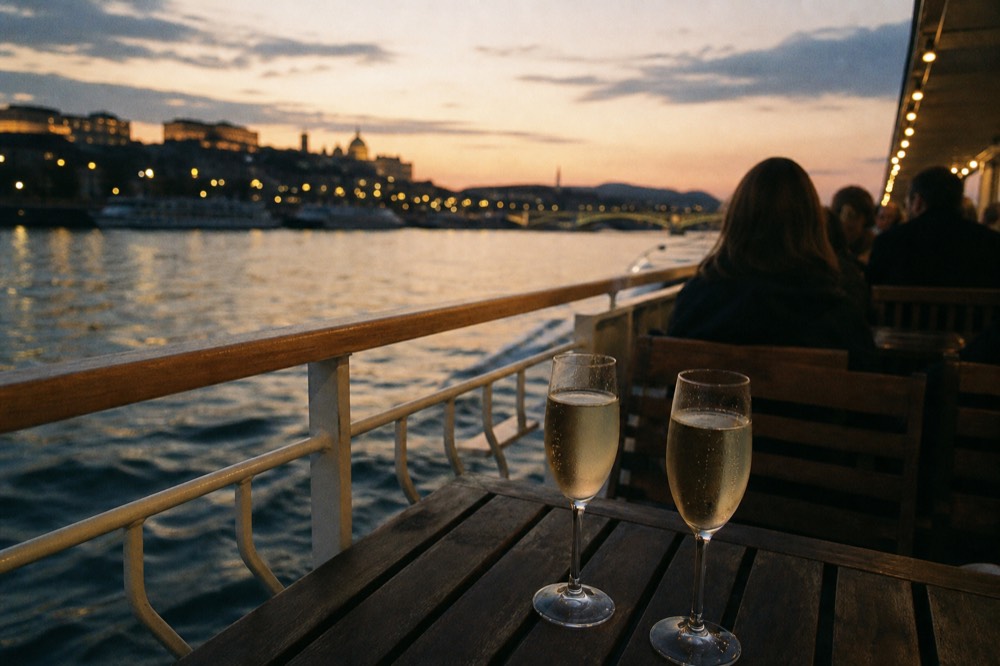 Passengers toasting with prosecco glasses on an open-air Danube boat deck with the illuminated Budapest riverfront behind, no text, no logos, no people