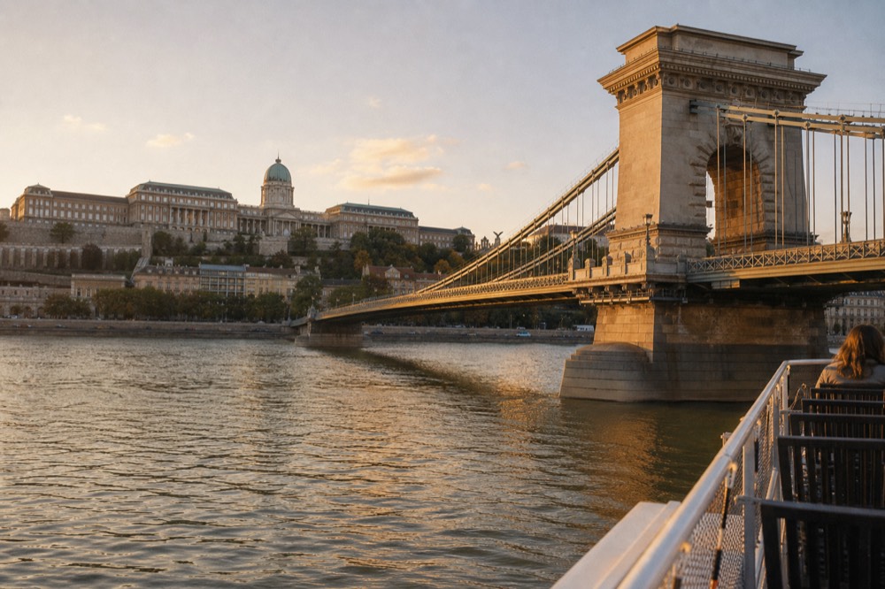 The Chain Bridge and Buda Castle seen from the water at golden hour, no text, no logos, no people.