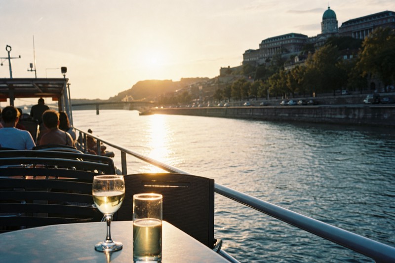 Two drink glasses on a table on an open-deck Danube boat at sunset, the riverfront embankment softly blurred behind