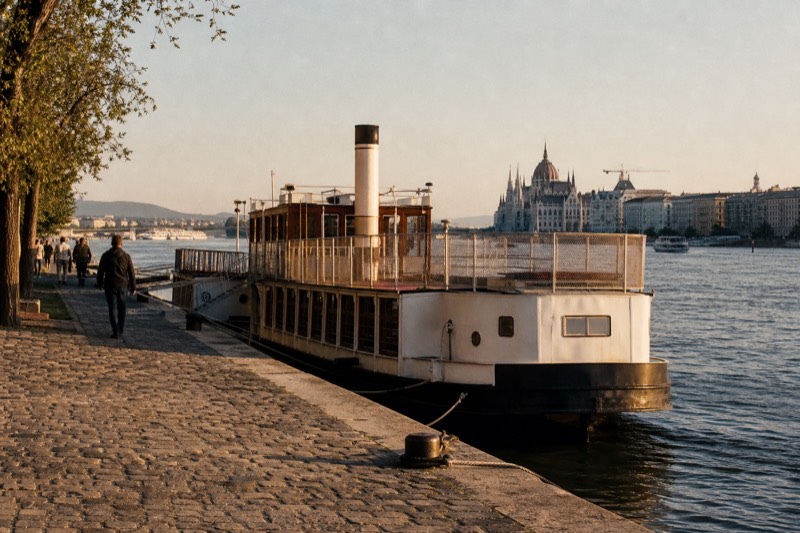 An old-fashioned paddle-steamer-styled river boat moored along a stone Danube embankment in late-afternoon light
