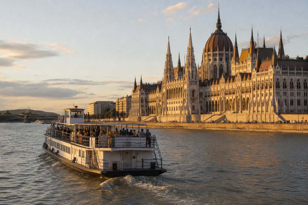 An open-deck Danube tour boat moving along the Pest embankment at golden hour with the Hungarian Parliament building rising on the riverbank behind it